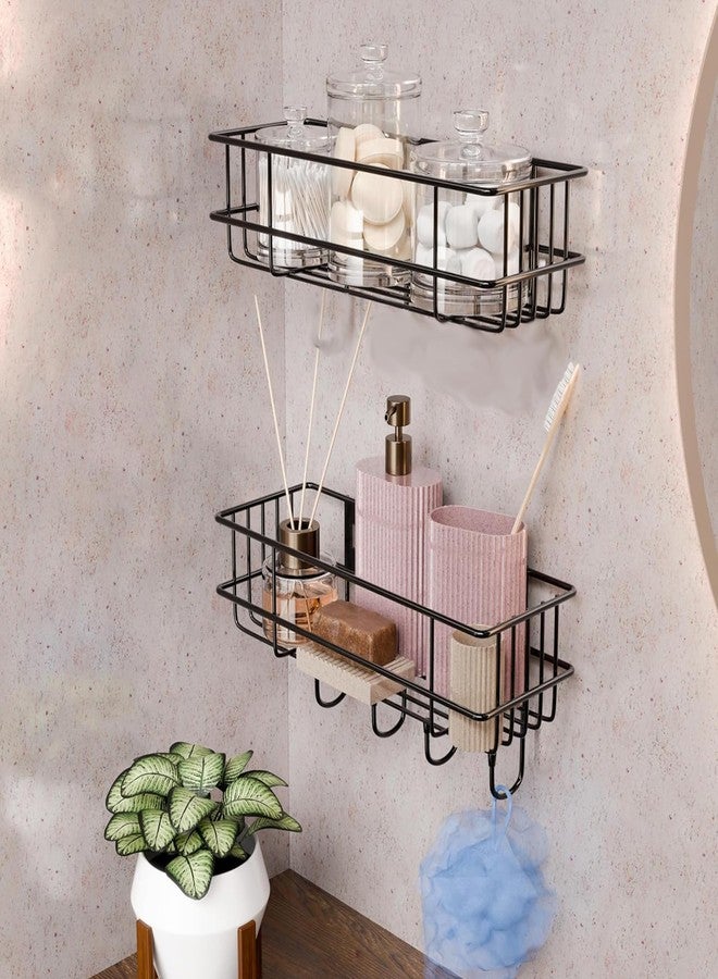KRUDA Bathroom Rack for Shampoo Organizer with Shelf Adhesive Set of 2 Bathroom Shelf Rack with 4 Hooks Wall Storage Organizer Metal Rack for Bathroom, Black(1 Self with Hook, 1 self Without Hook) - Image 2